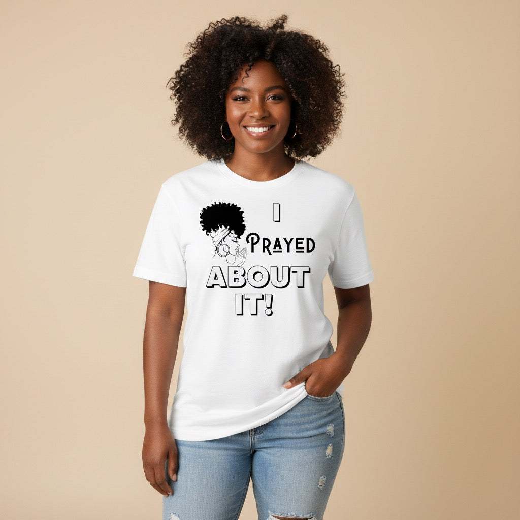 Woman wearing a white t-shirt with text and graphic design on a beige background