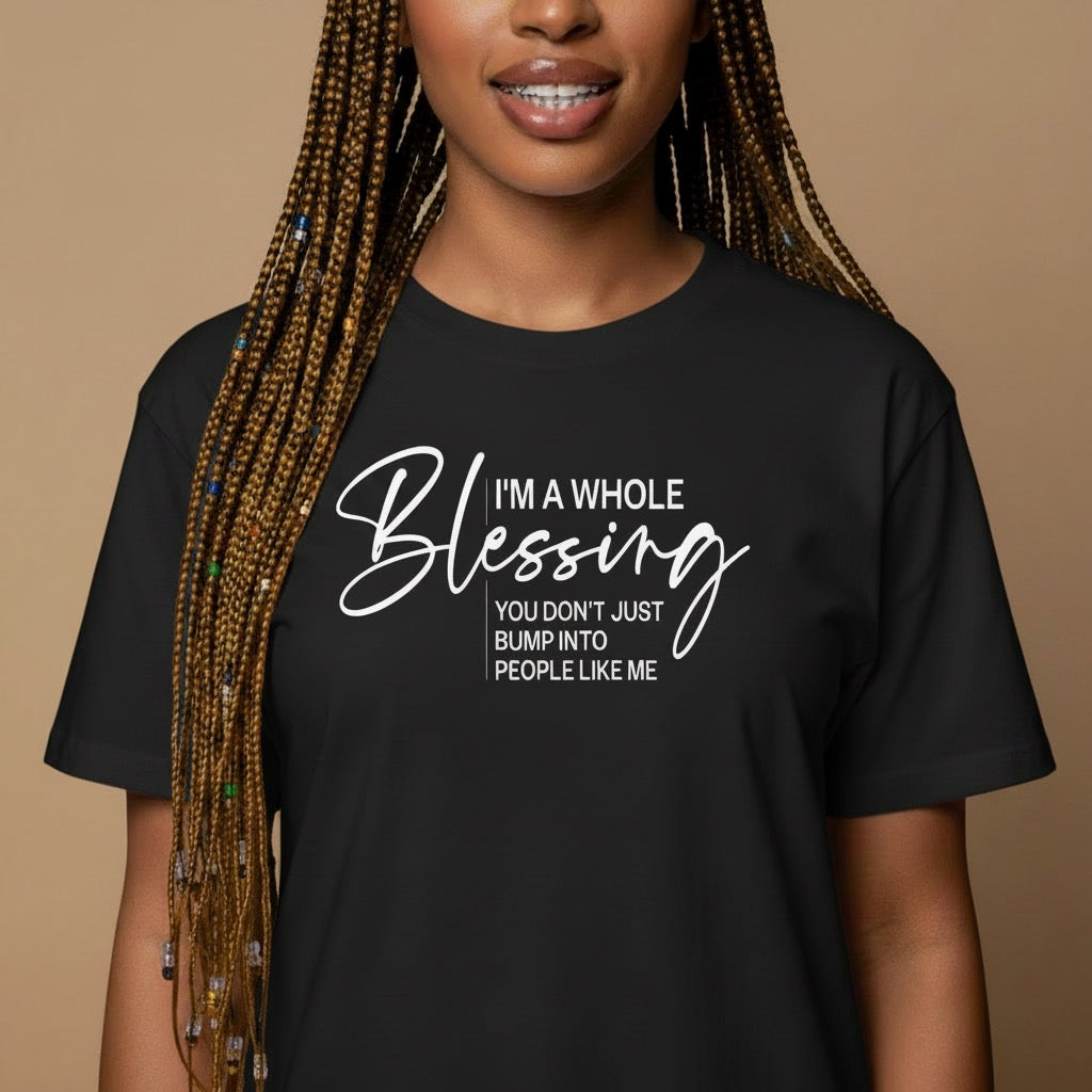 Black woman wearing a black t-shirt with a motivational quote on a brown background