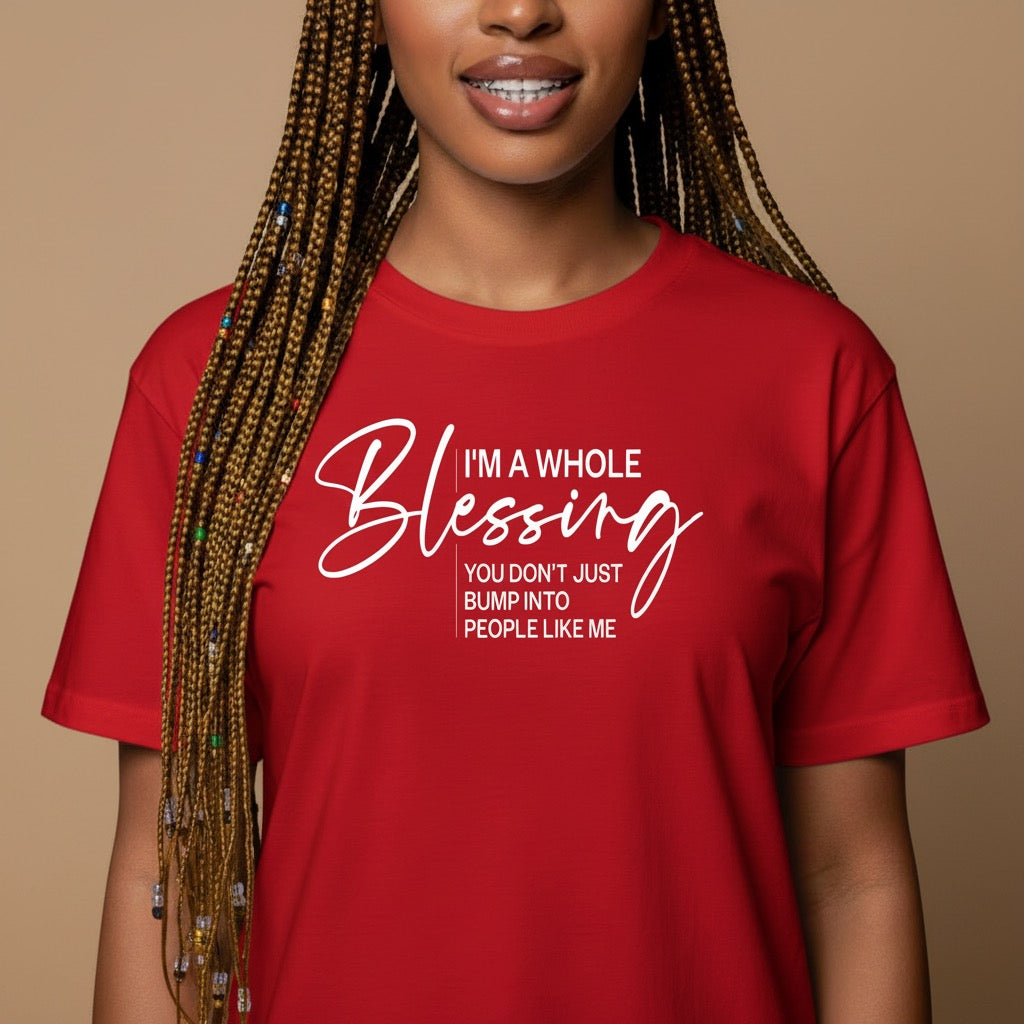 A Black woman wearing a red t-shirt with text on a brown background