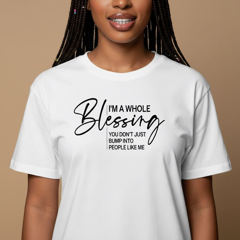 Person wearing a white t-shirt with text on a brown background