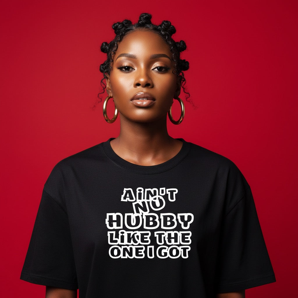 Woman wearing a black t-shirt with text on a red background