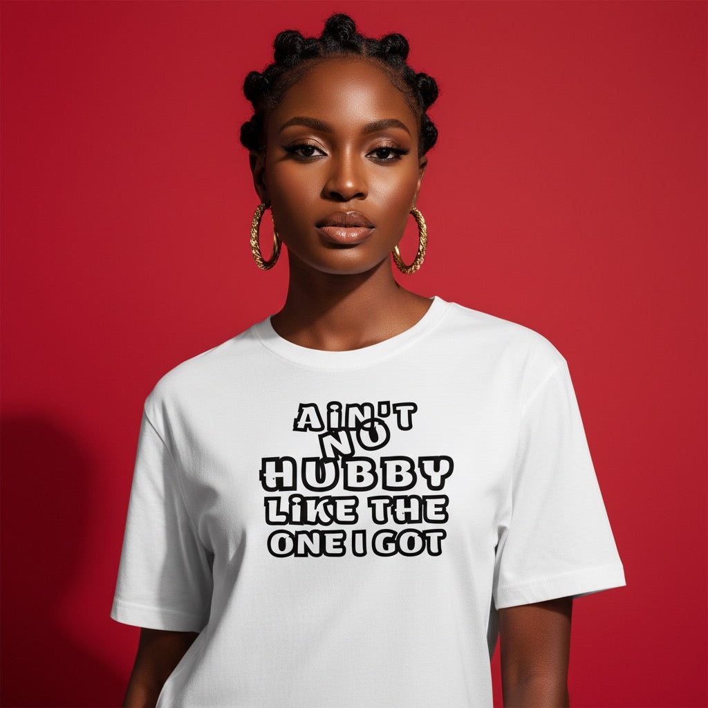 Woman wearing a white t-shirt with text on a red background