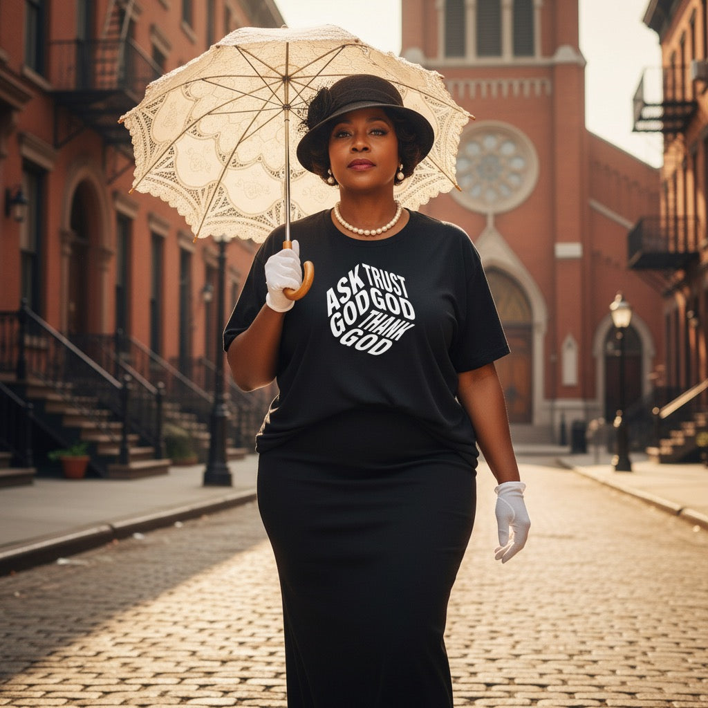 Woman holding an umbrella and wearing a black t-shirt with text, standing on a street with a brick building in the background.