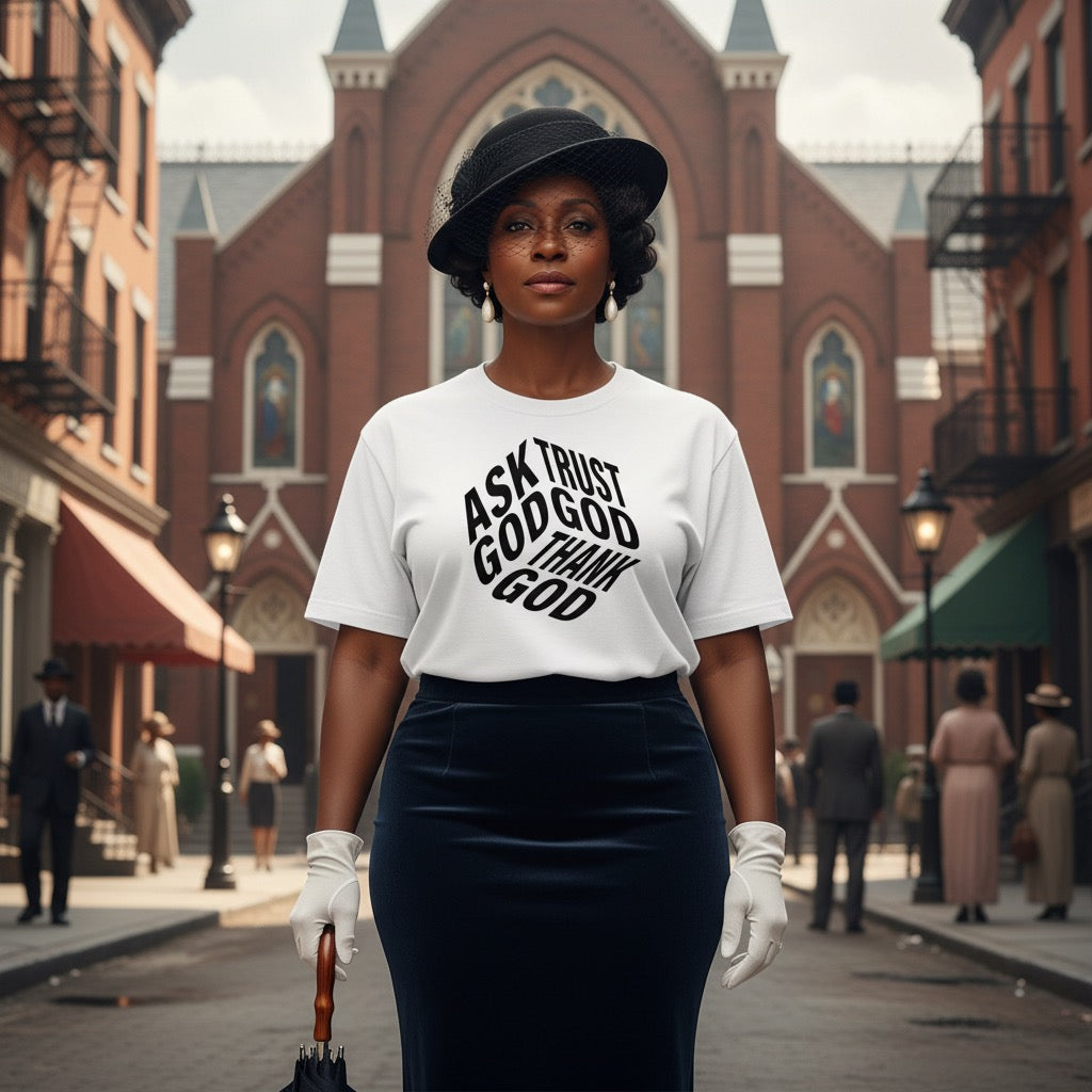 Woman wearing a white t-shirt with text in an urban setting