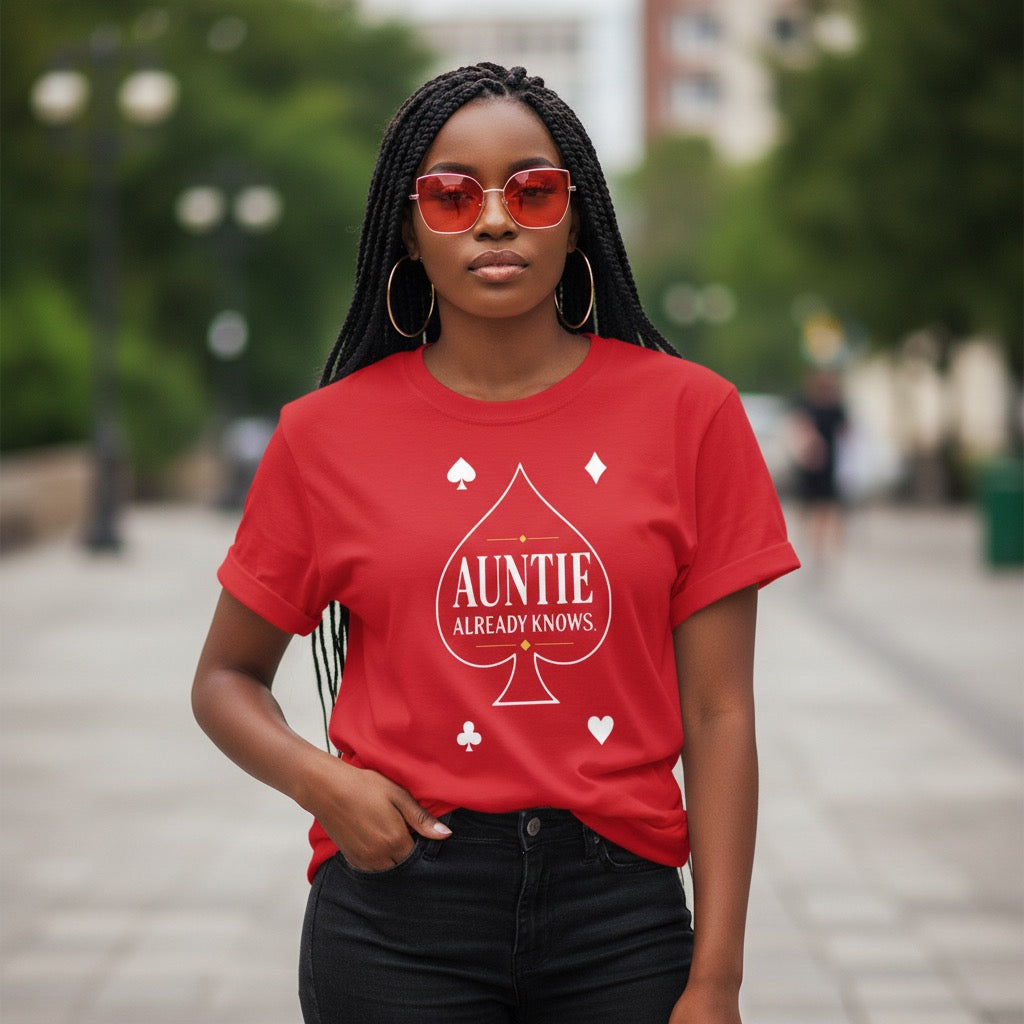“Auntie Already Know shirt with spade design”
“Black woman wearing Auntie culture t-shirt”
“Spades inspired Auntie shirt black tee”