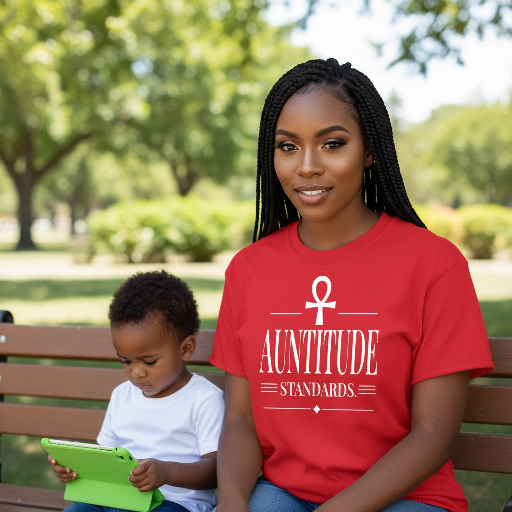 Woman wearing a red 'Auntitude Standards' shirt sitting on a park bench with a child.