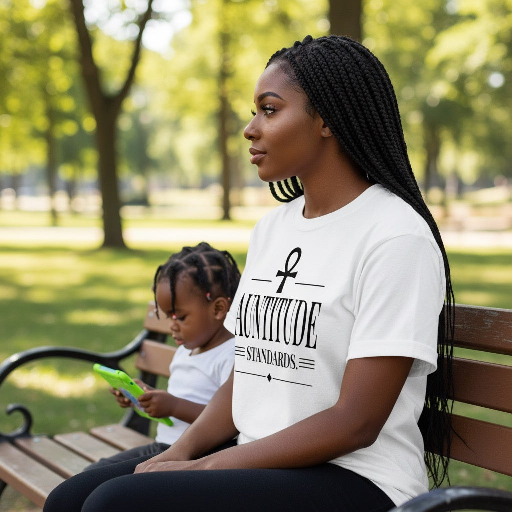 Side view of a women sitting on a park bench with 'Auntitude Standards' shirts.