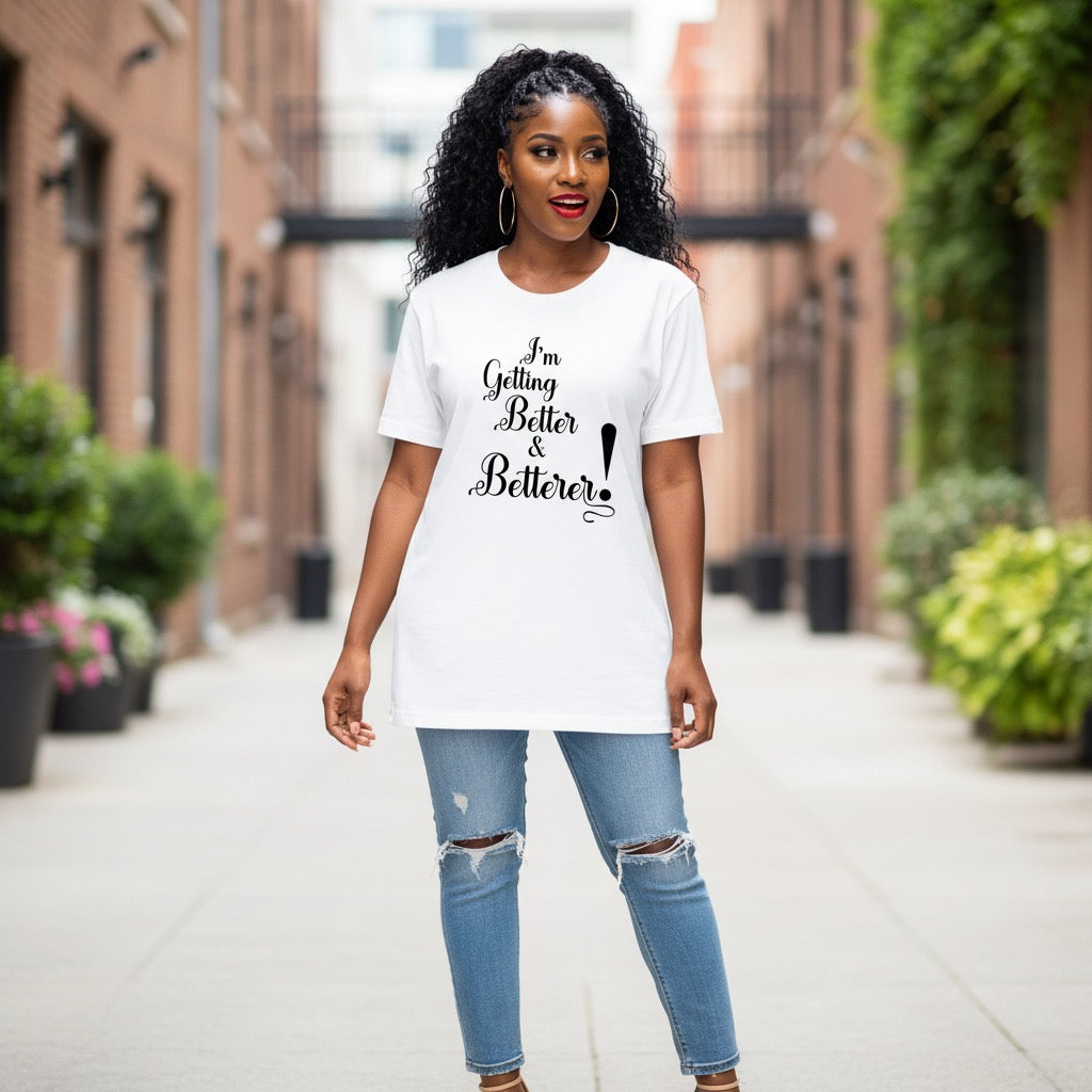 Woman wearing a white t-shirt with text in an urban setting