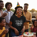 Woman celebrating her birthday with friends and a cake outdoors.