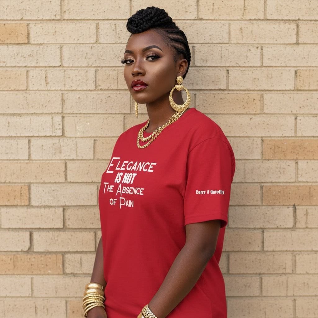 Woman wearing a red t-shirt with text against a brick wall