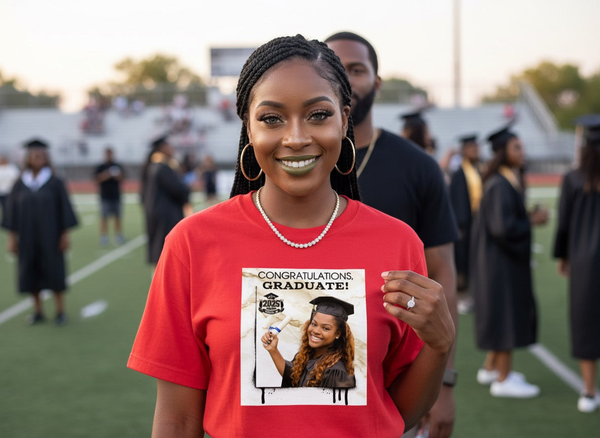 Person wearing a red 'Congratulations Graduate!' t-shirt at a graduation ceremony.
