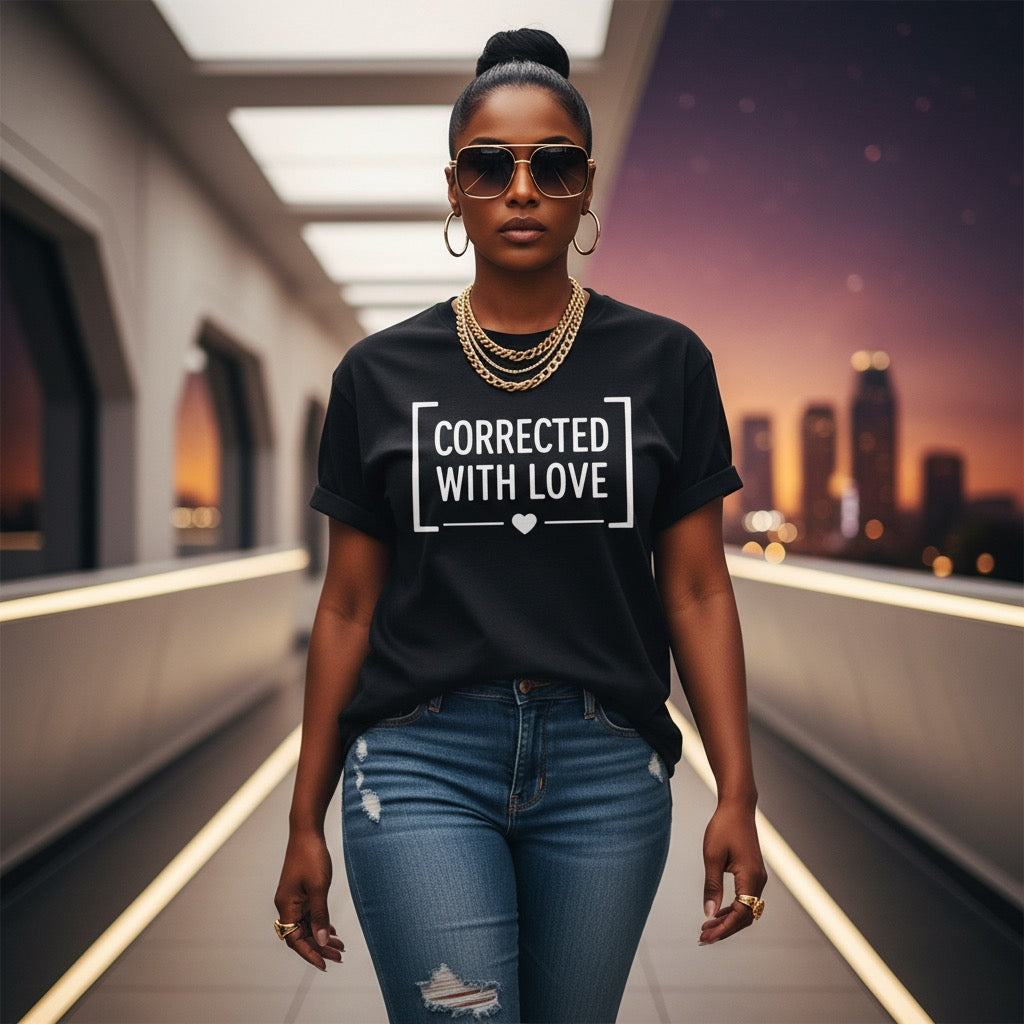 Woman wearing a black t-shirt with 'Corrected with love' text in a park.