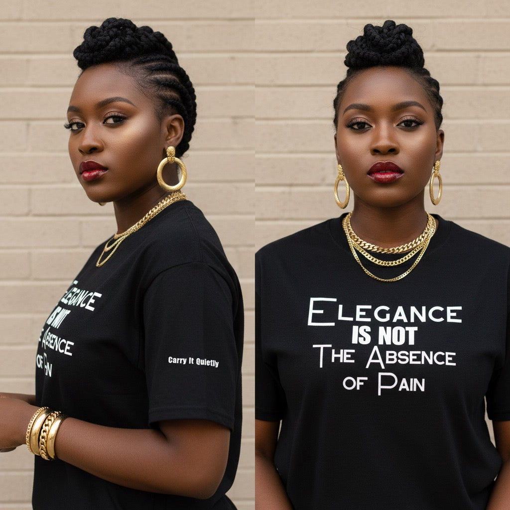 Two women wearing black t-shirts with a quote on a beige brick wall background.