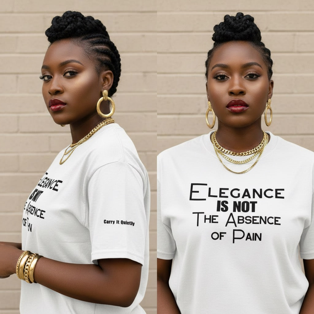 Two images of a woman wearing a white t-shirt with a motivational quote against a beige wall.