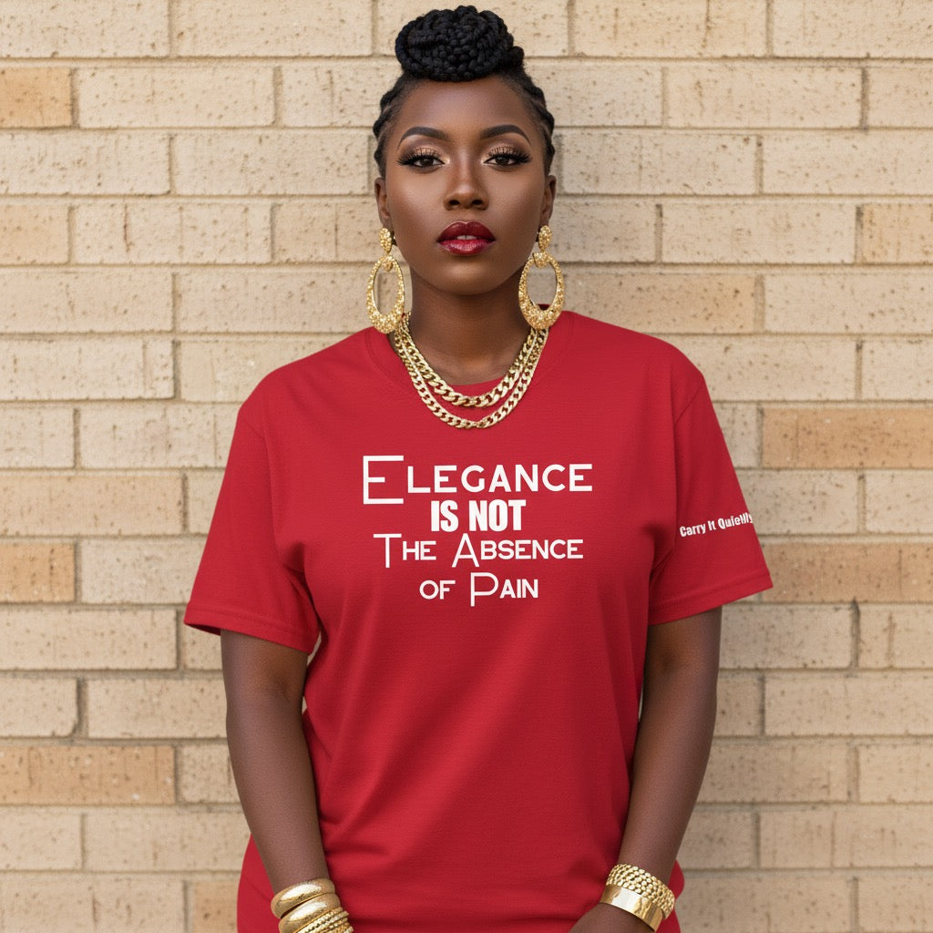 Woman wearing a red t-shirt with a quote against a brick wall