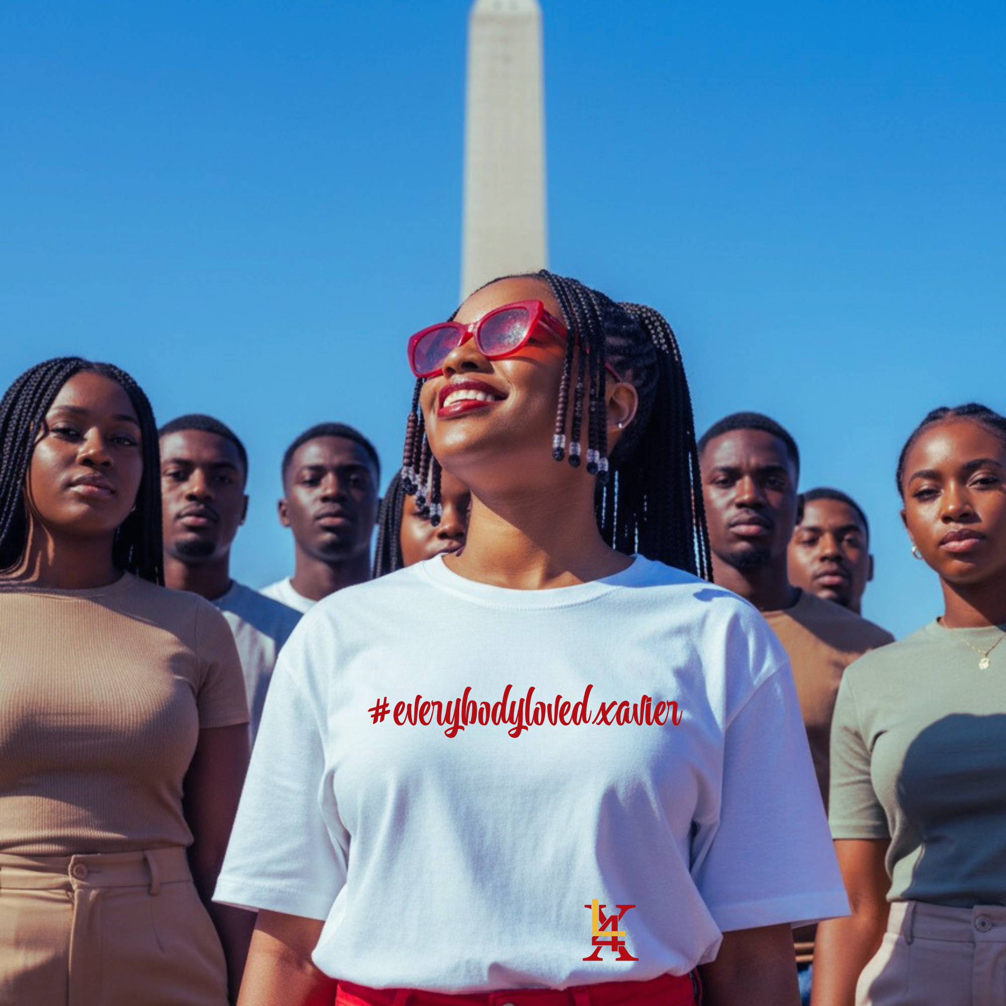 White crewneck t-shirt featuring #everybodylovedxavier statement design