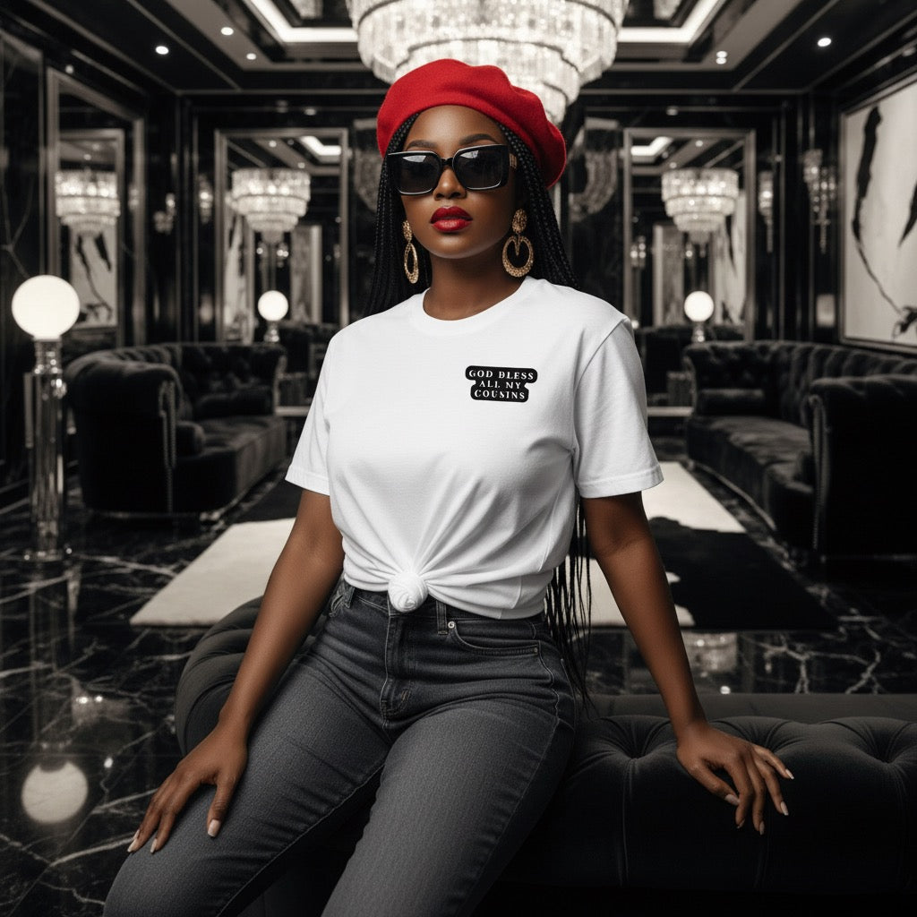 Woman in a stylish outfit with a white t-shirt and red beret in an elegant interior setting.