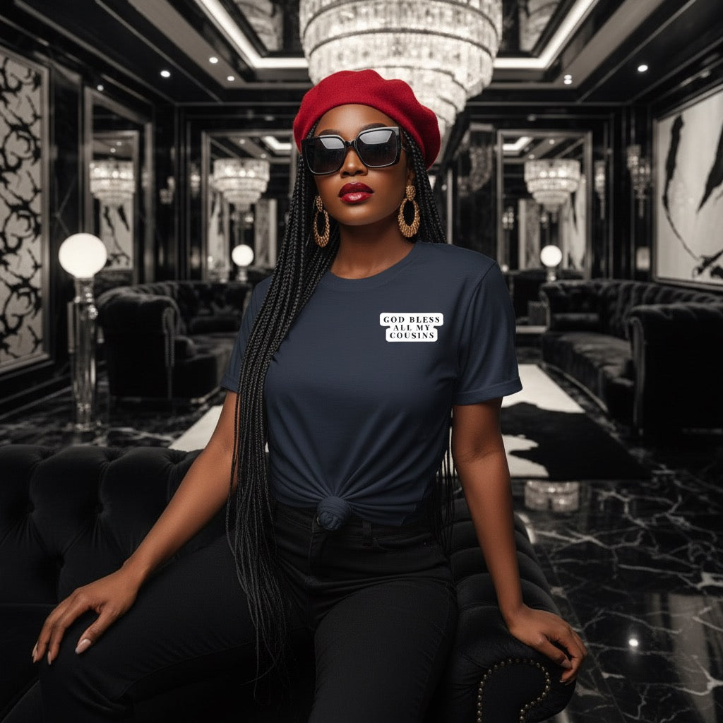 Woman in a stylish interior setting wearing a black t-shirt with text and a red beret.