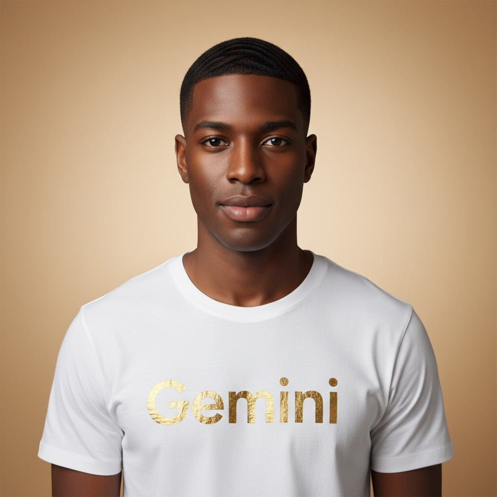 Man wearing a white t-shirt with 'Gemini' printed in gold on a beige background