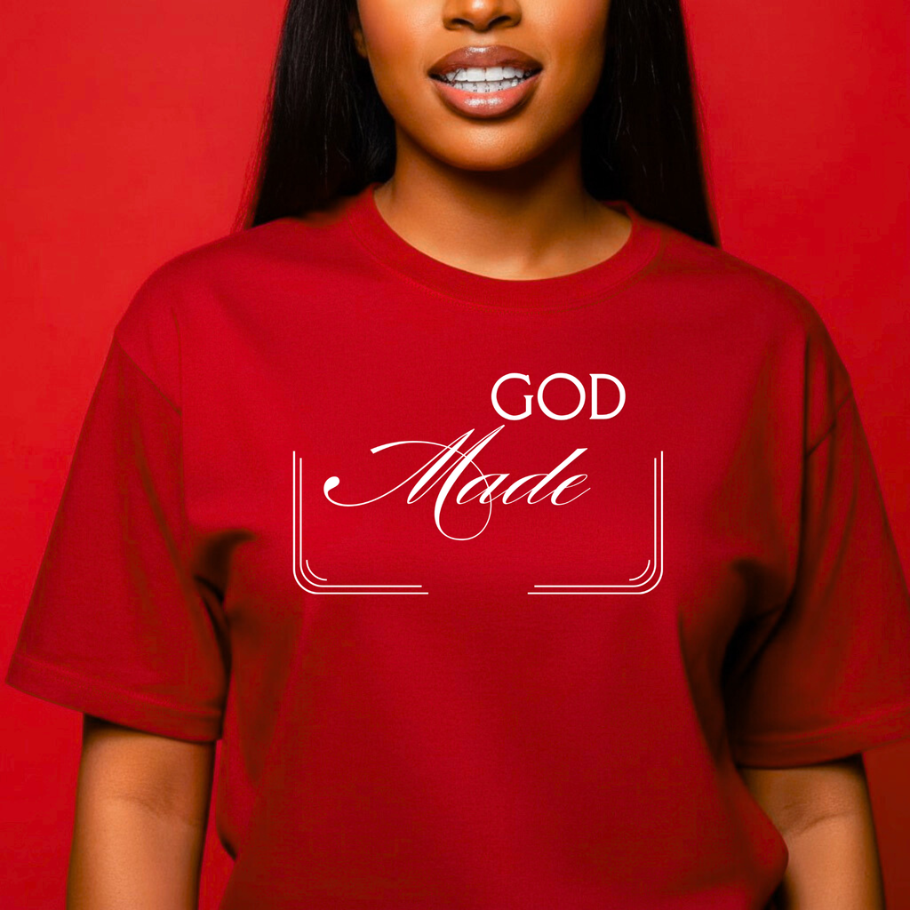 Person wearing a red t-shirt with 'GOD Made' text on a red background