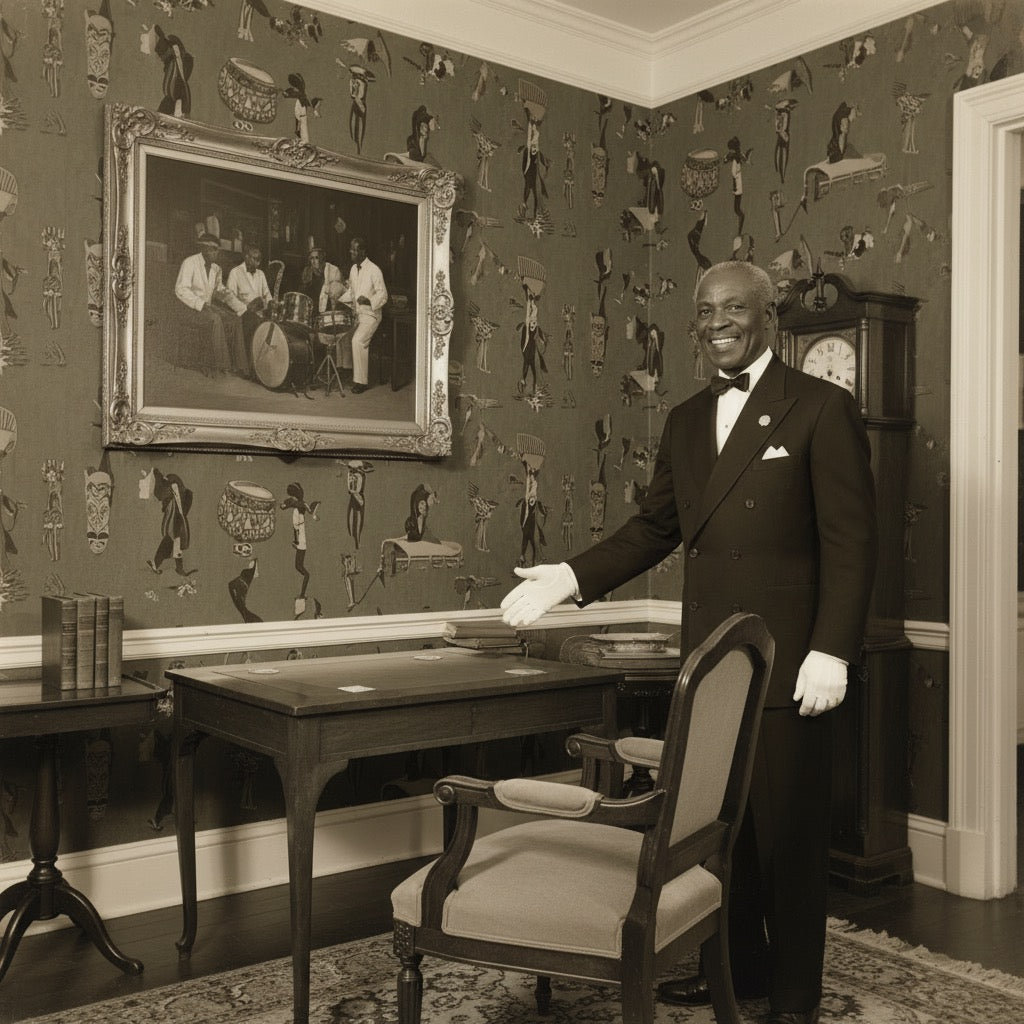 A sepia-toned interior scene showing a man in a dark tuxedo with white gloves standing beside a desk and chair, with patterned wallpaper, a framed picture, and furniture in the room.