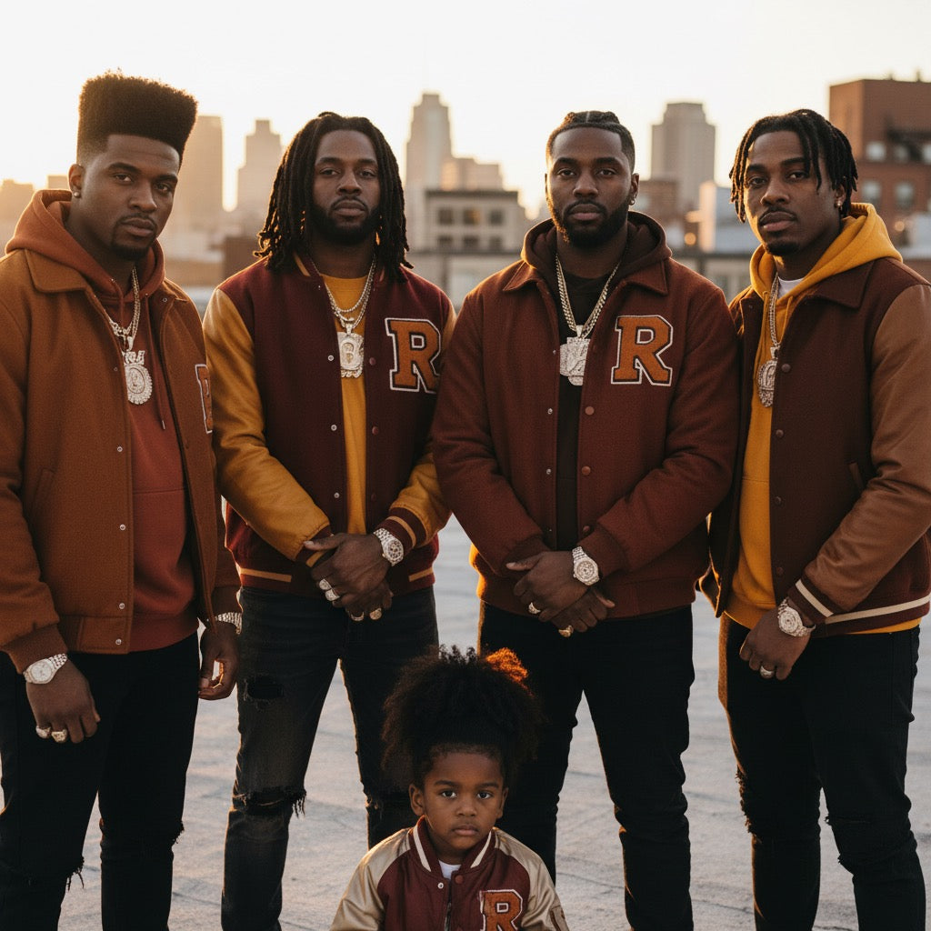 Four men and a young nephew representing The Uncle Collection with a cityscape in the background.
