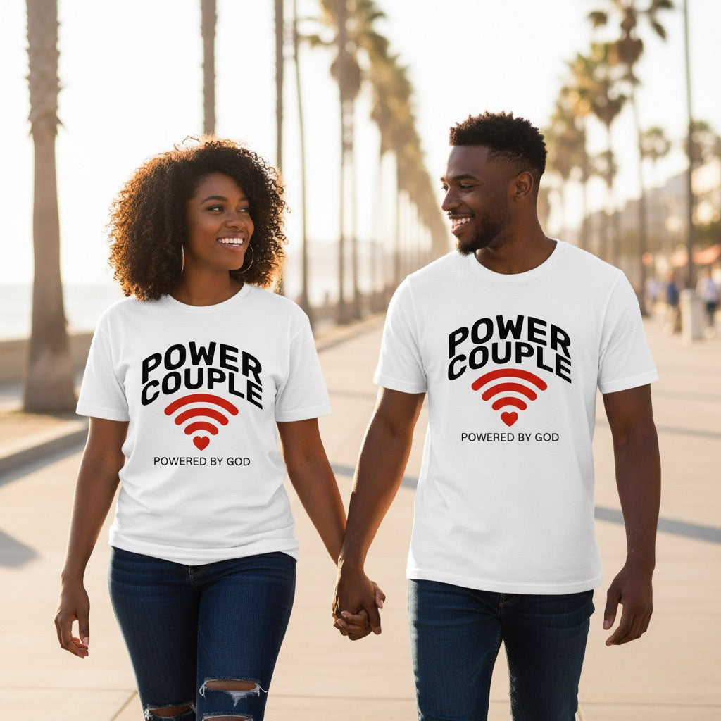 Celebrate faith and love with the “Power Couple Powered By God” matching t-shirts. Soft unisex cotton tees available in black or white. Perfect for couples who put God at the center of their relationship.