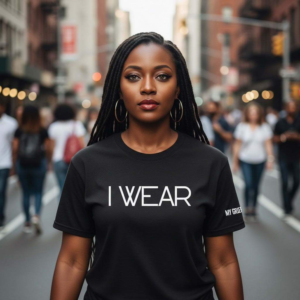 Woman wearing a black t-shirt with 'I WEAR' text on a city street.