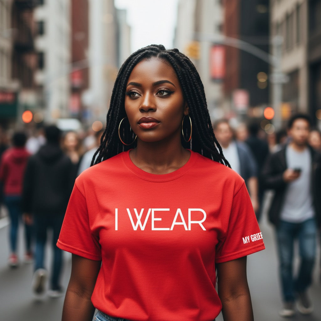 Woman wearing a red 'I WEAR' t-shirt on a city street.