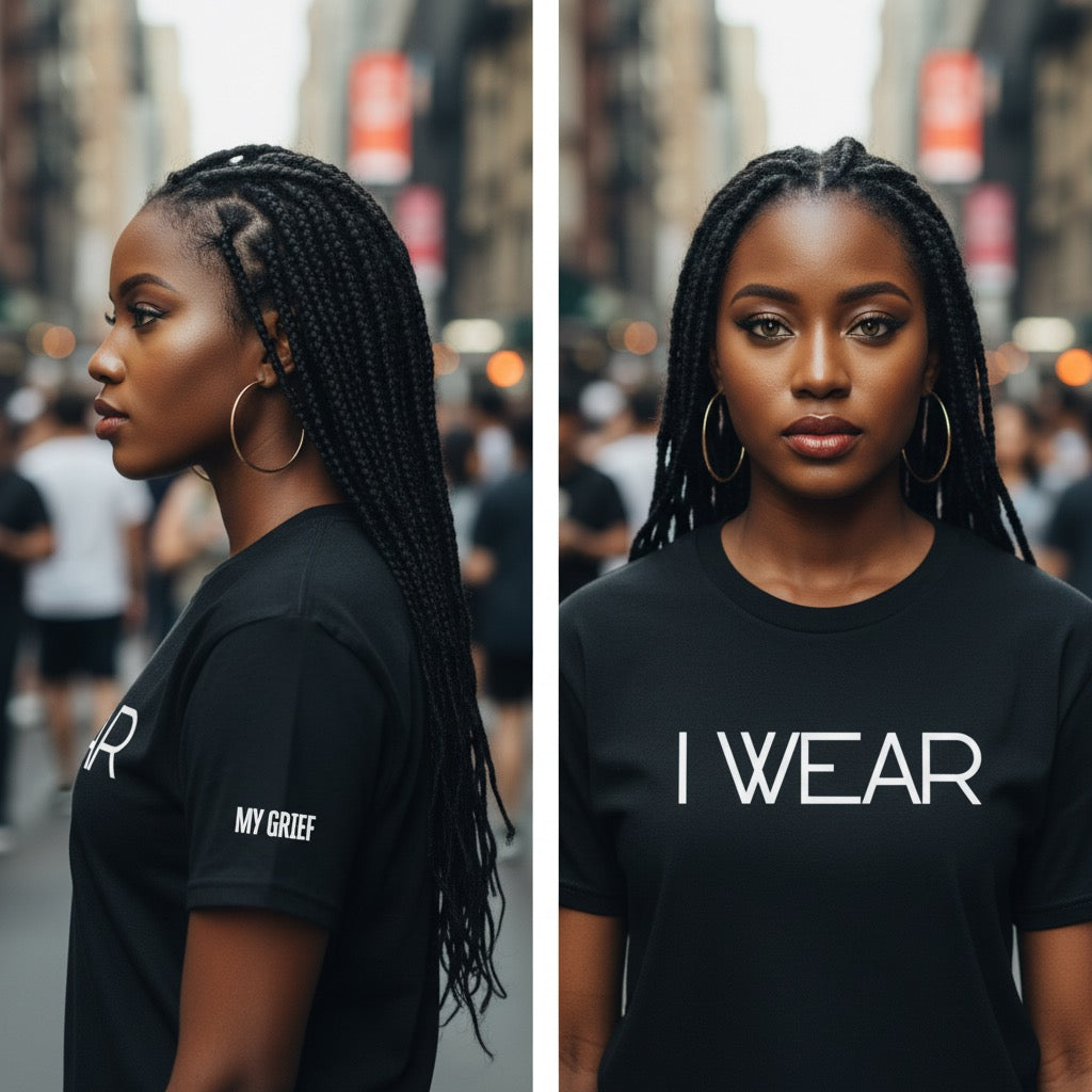 Woman wearing a black t-shirt with text in an urban setting