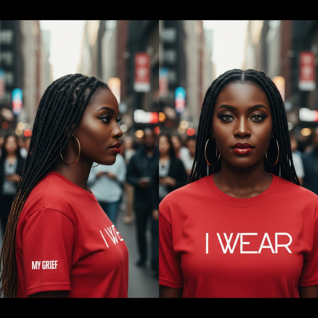 Two women wearing red shirts with text on a city street background