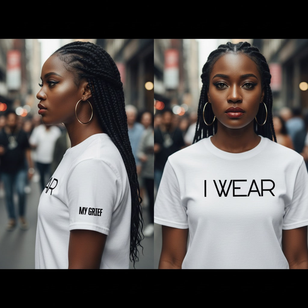 Two views of a woman wearing a white t-shirt with text on a busy street.