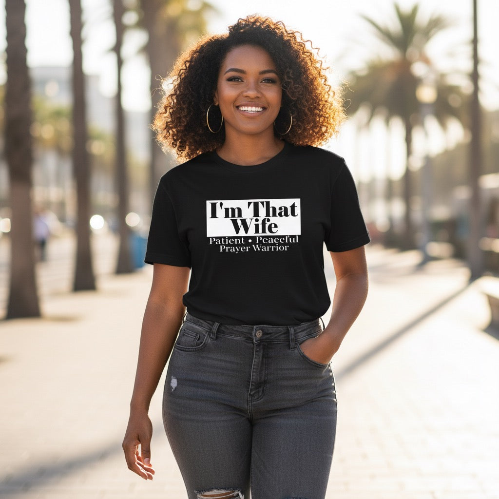 Woman wearing a black t-shirt with text, standing outdoors with palm trees in the background