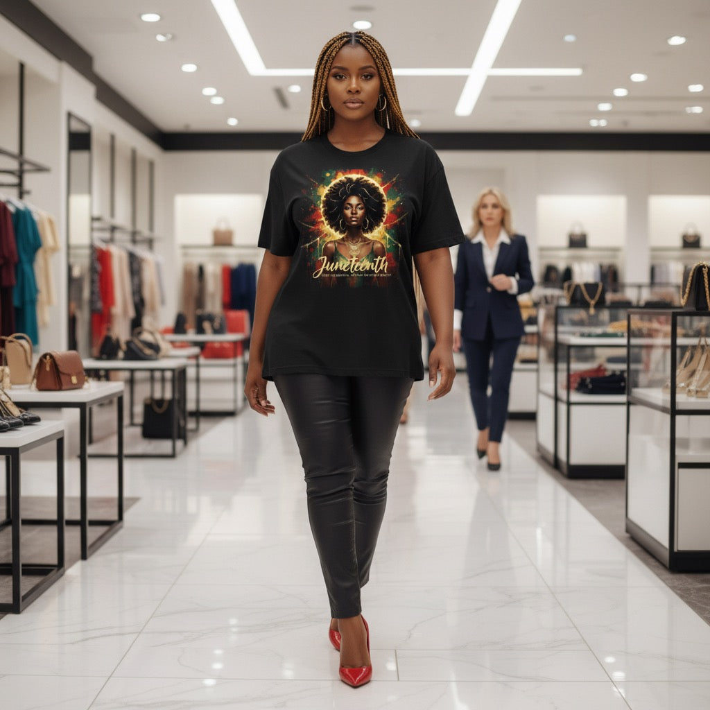 Woman walking in a store wearing a black t-shirt with a graphic design.