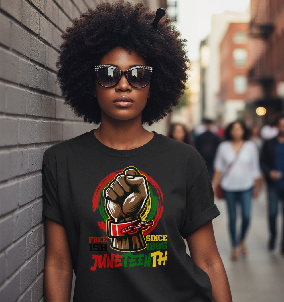 Person wearing a black t-shirt with a Juneteenth fist graphic design, standing against a brick wall.