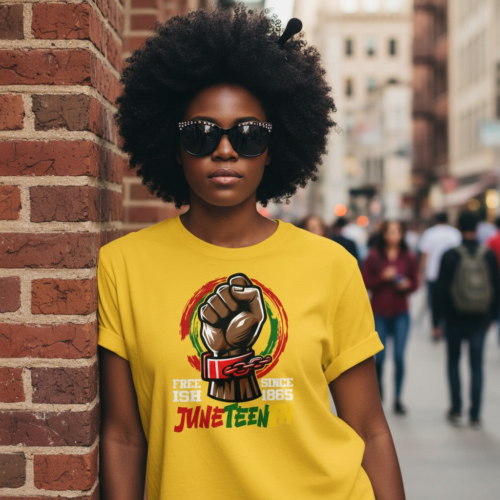 Person wearing a yellow 'Juneteenth' t-shirt with a raised fist graphic, standing against a brick wall.