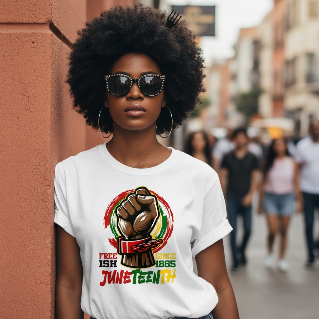 Person wearing a white t-shirt with Juneteenth design in an urban setting