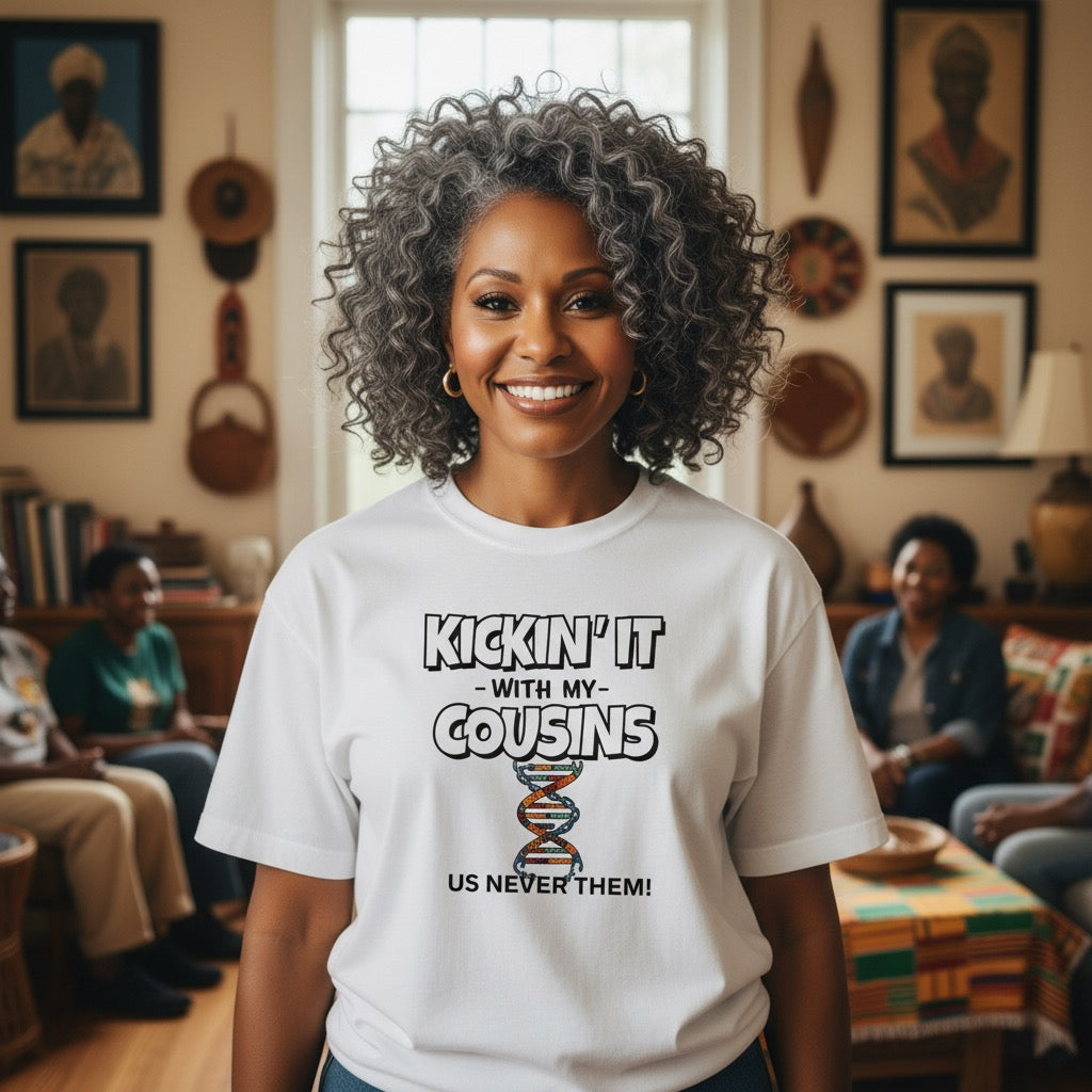 Person wearing a t-shirt with a humorous message in a living room setting.