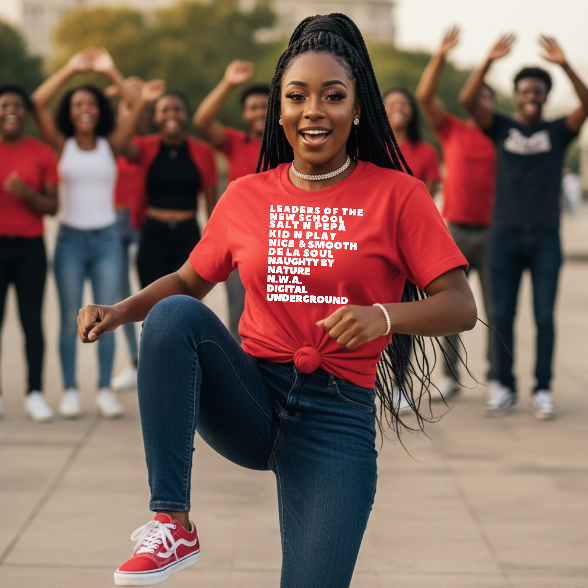 Woman in a red t-shirt with text, posing outdoors with a group of people in the background.