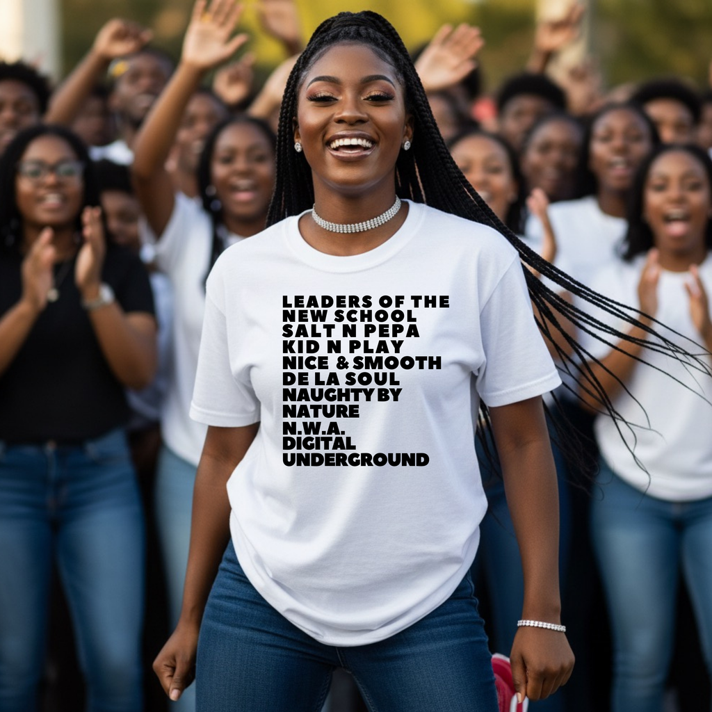 Woman wearing a white t-shirt with text in front of a crowd