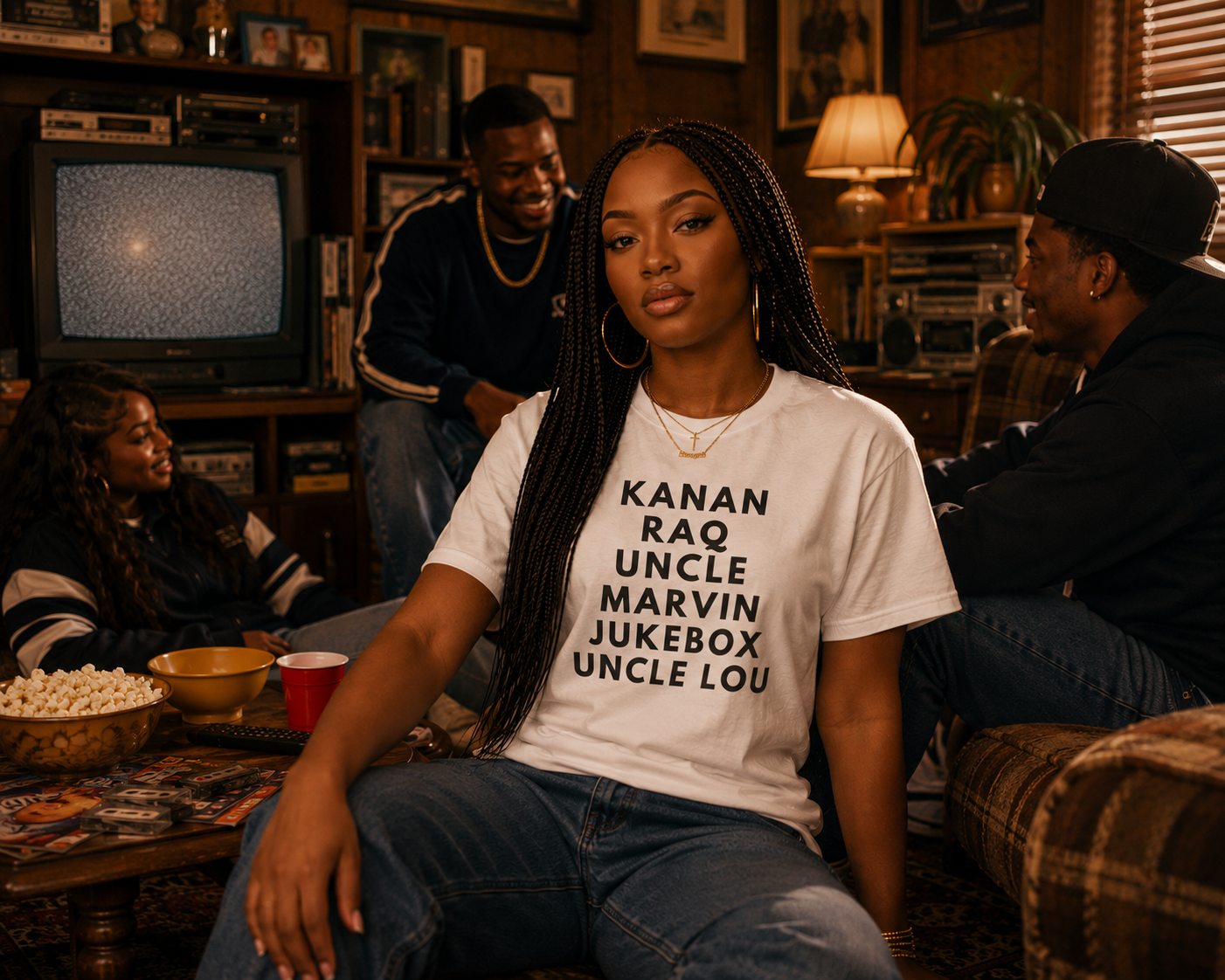 Black woman wearing the Raising Kanan Family Roll Call statement t-shirt featuring the names Kanan, Raq, Uncle Marvin, Jukebox, and Uncle Lou.