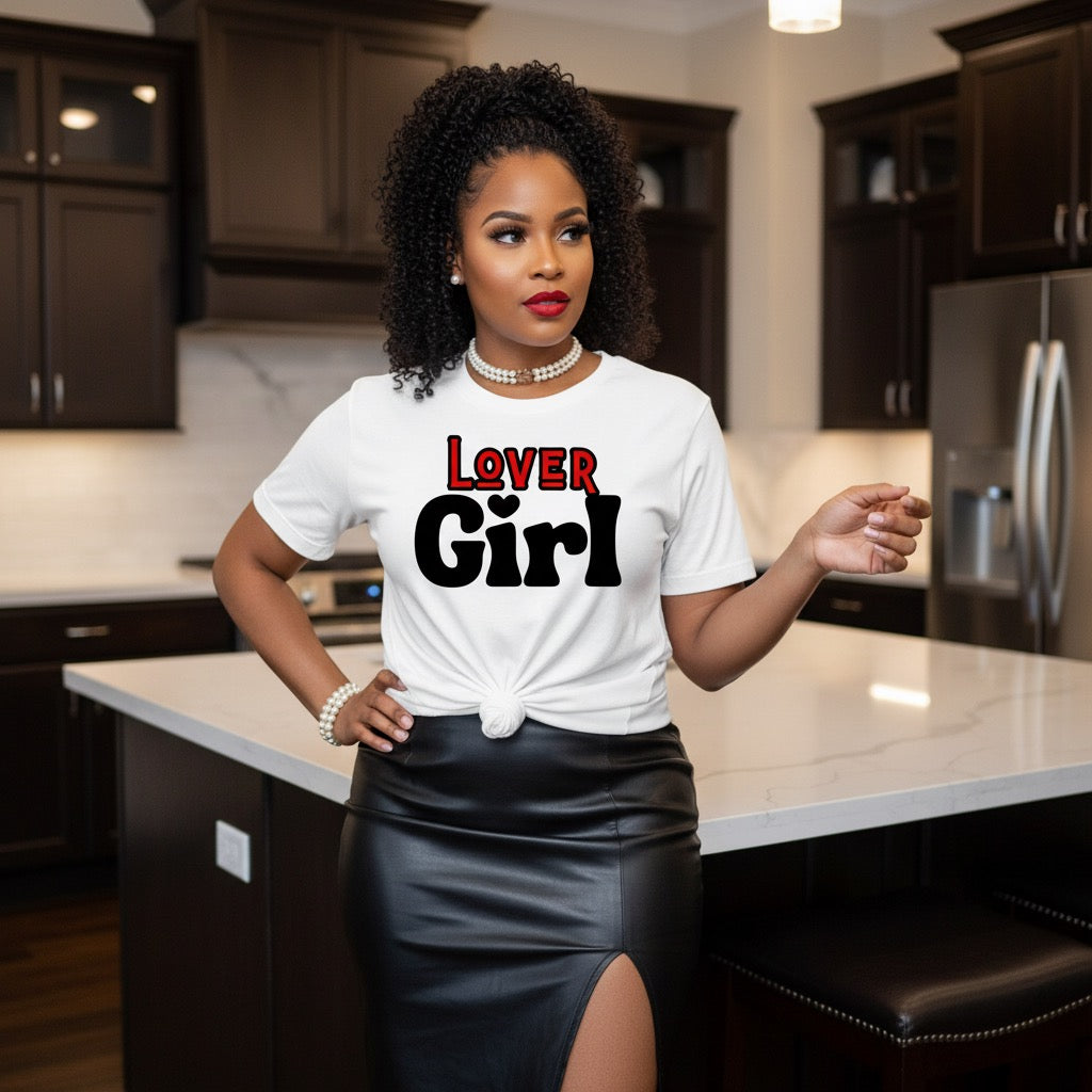 Woman in kitchen wearing white graphic t-shirt with 'Lover Girl' text and black skirt