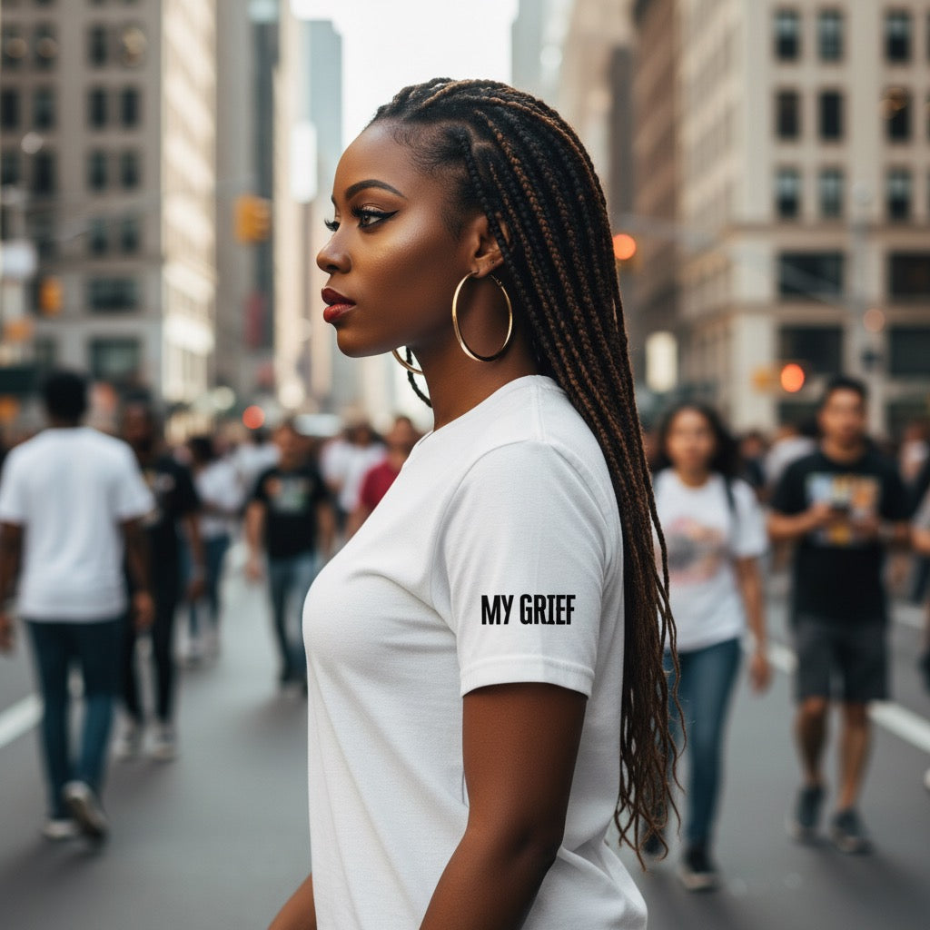 Woman wearing a white t-shirt with 'MY GRIEF' text in a city street.