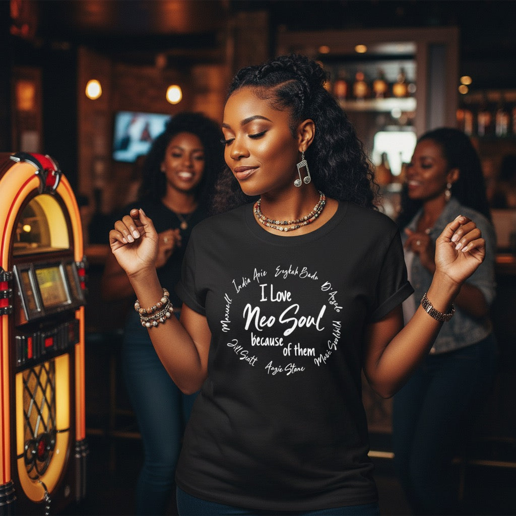 Woman wearing a black t-shirt with text in a bar setting
