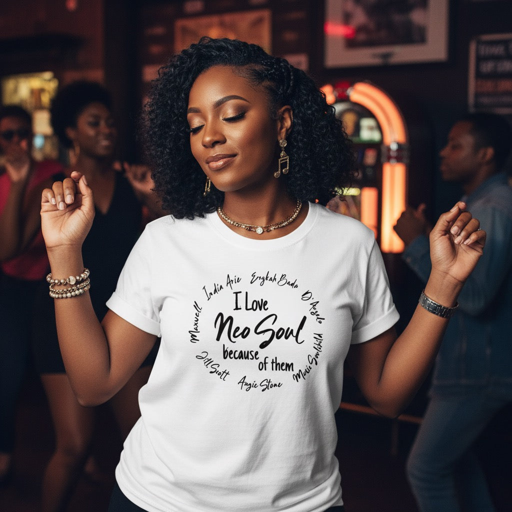 Woman wearing a white t-shirt with text in a bar setting