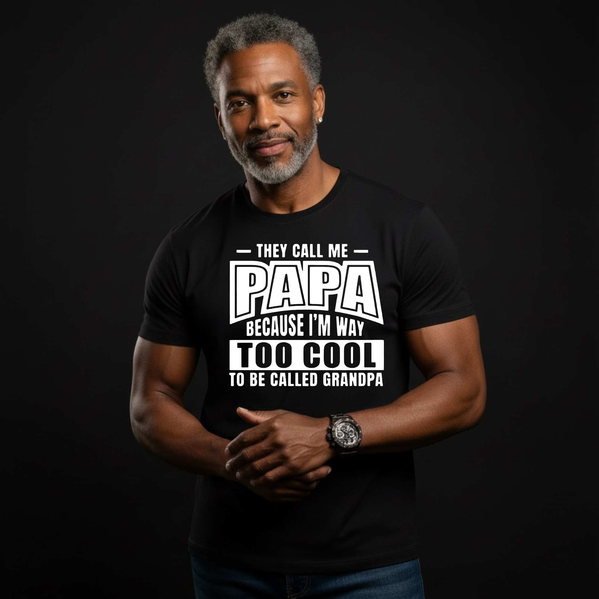 Man wearing a black t-shirt with a humorous Papa quote on a dark background