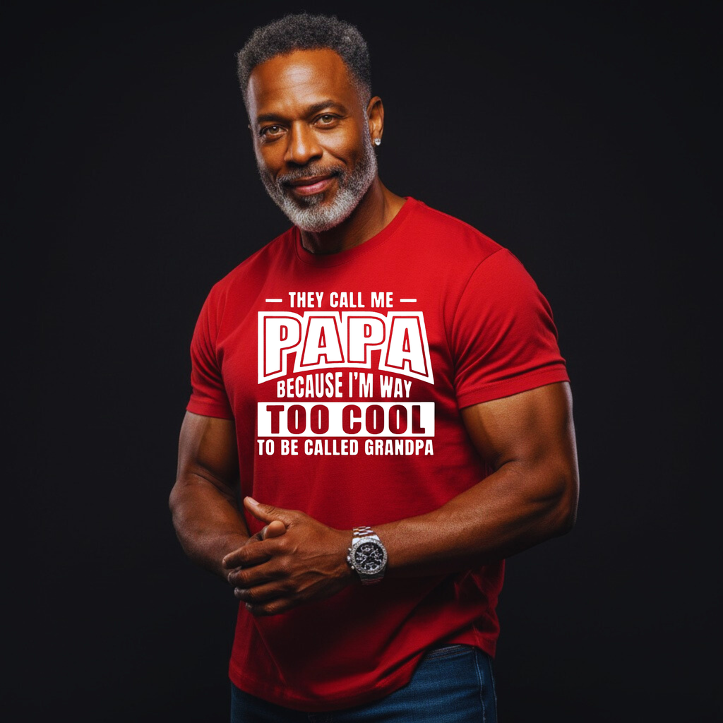 Man wearing a red t-shirt with text on a black background