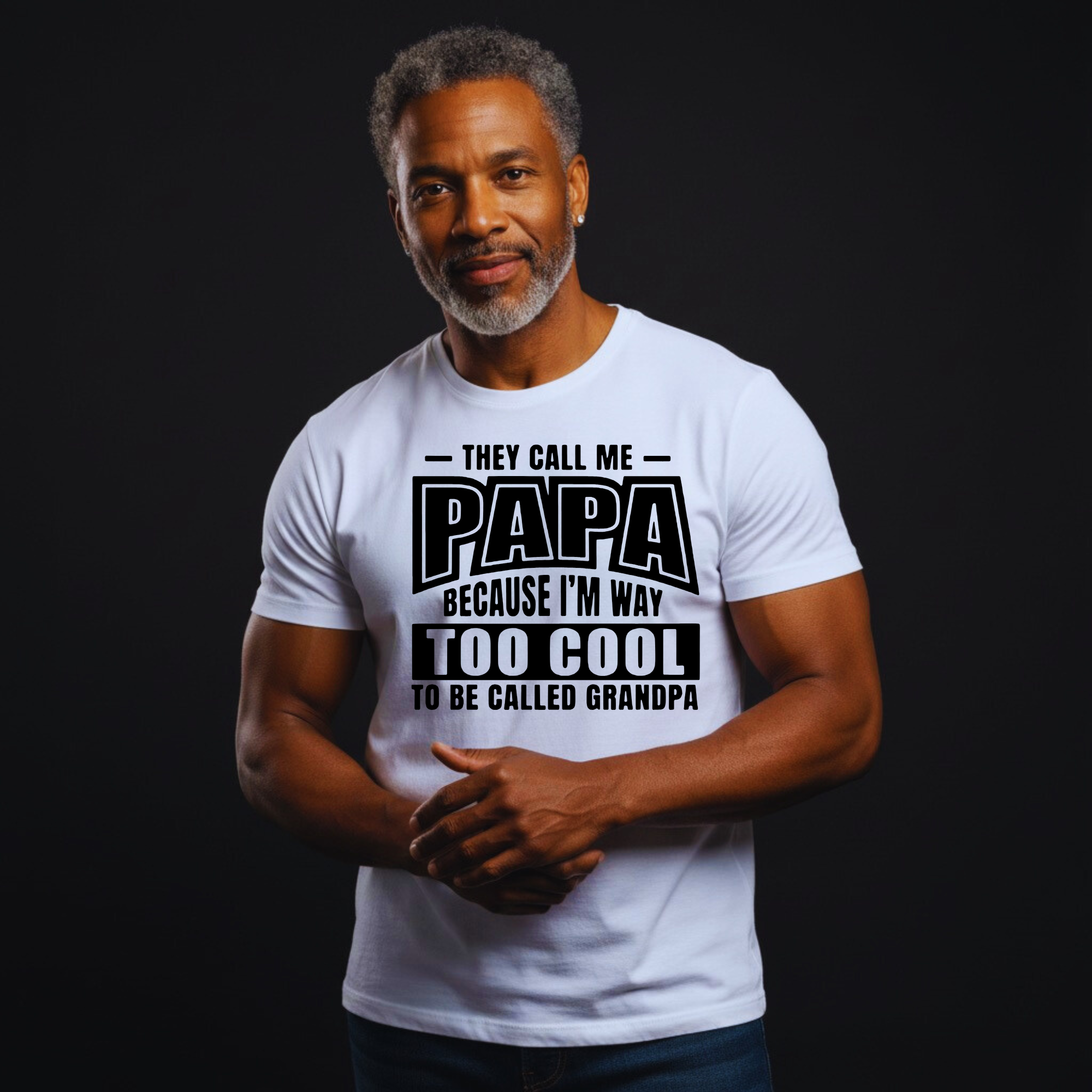 Man wearing a white t-shirt with a humorous Papa text design on a black background