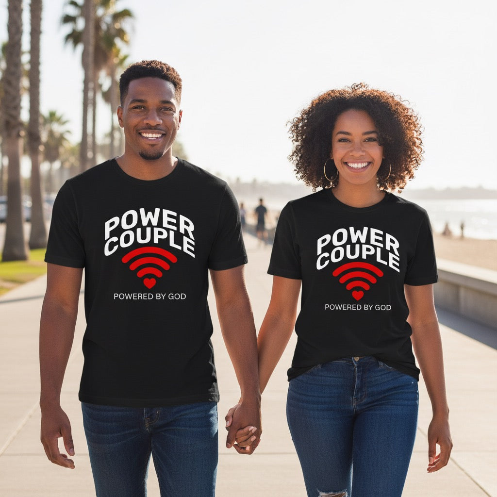 Celebrate faith and love with the “Power Couple Powered By God” matching t-shirts. Soft unisex cotton tees available in black or white. Perfect for couples who put God at the center of their relationship.