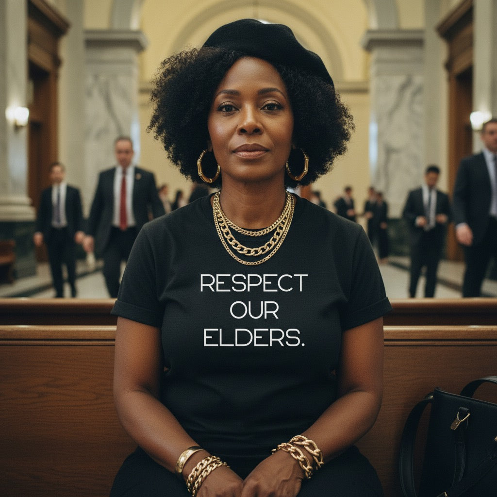 Black unisex “Respect Our Elders” statement t-shirt inspired by generational wisdom